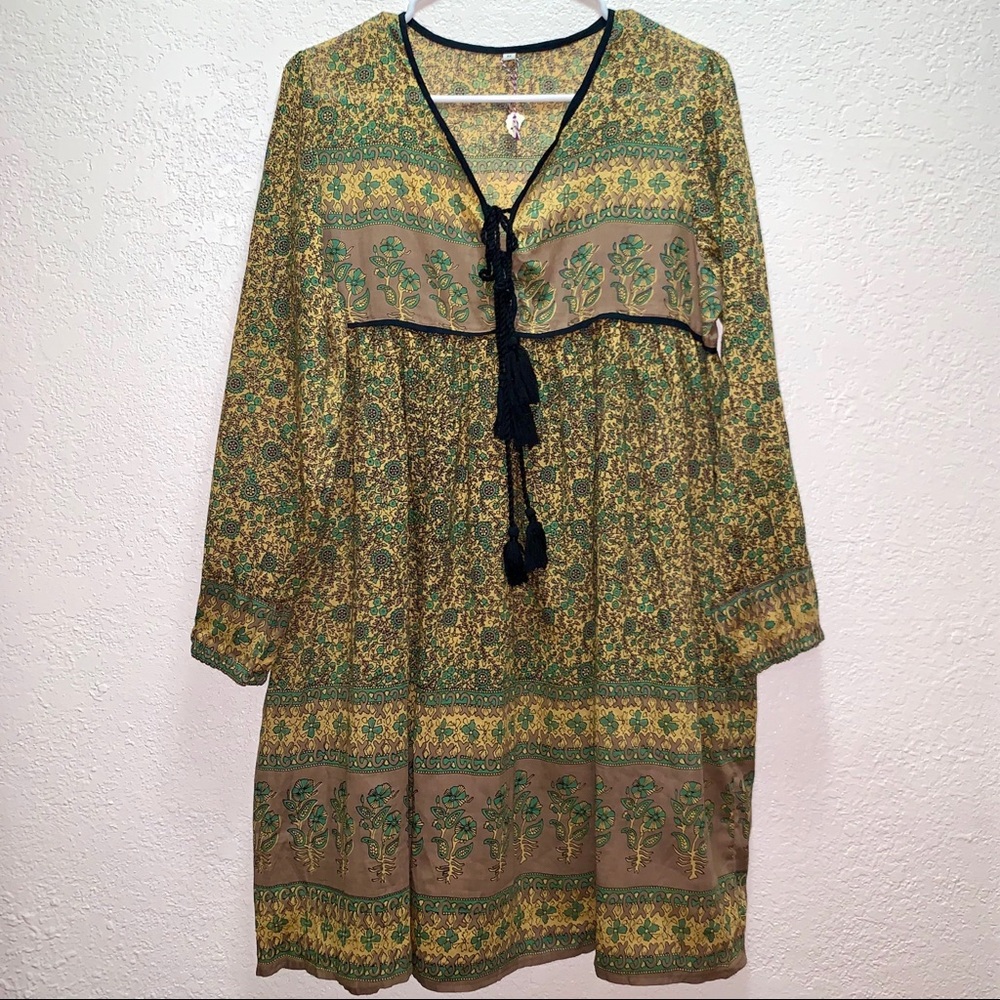Vintage Boho Hippie Peasant Dress With Tassel